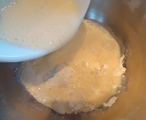 Mix the egg/milk mixture into the "dry" mixture. Then cook this slowly over heat to get the rum pastry cream. 