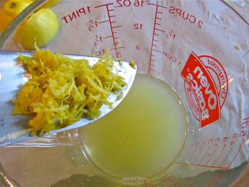 Here's the fresh lemon juice and zest. I measured out a half cup of juice from the 2 large lemons I used.